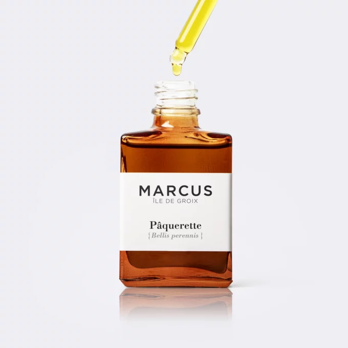 Packshot de Marcus, photo de la marque de produits locaux sur l'île de Groix avec une pâquerette en avant-plan.