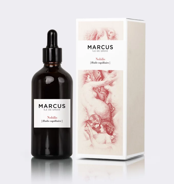 Packshot Huile capillaire Nobilis de Marcus – soin purifiant fait main sur l'île de Groix, enrichi en huiles essentielles de laurier et nigelle, pour cheveux gras ou sujets aux pellicules